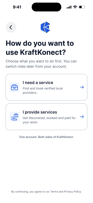 Choose to find a service or provide services in the KraftKonect app