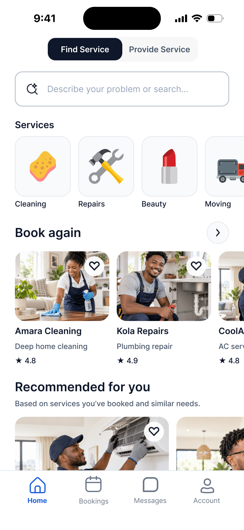 KraftKonect customer home with local services, favourites and recommended professionals